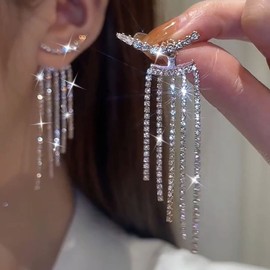 TseenYi Crystal Rhinestone Ear Jacket Earrings Boho Tassel Earrings Silver Crystal Ear Climber Earrings Long Rhinestone Tassel Earring Crystal Fringe Earring Jewellery for Women and Girls, Crystal