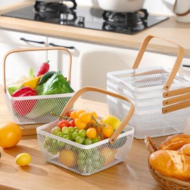 6 Pcs Metal Mesh Steel Basket with Handle Small Shopping Baskets Square Wire Harvest Storage for Kitchen Storage Garden Picnic Bathroom Organizing, 8.46 x 8.46 x 4.13 Inch(White)