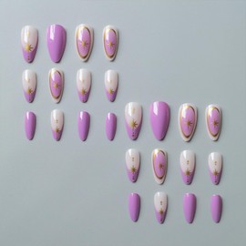 Purple French Tip Press on Nails Medium Almond Fake Nails with Gold Stars Design Nude Purple Gradient Stick on Nails Stiletto False Nail Glossy Acrylic Full Cover Glue on Nails for Women 24Pcs