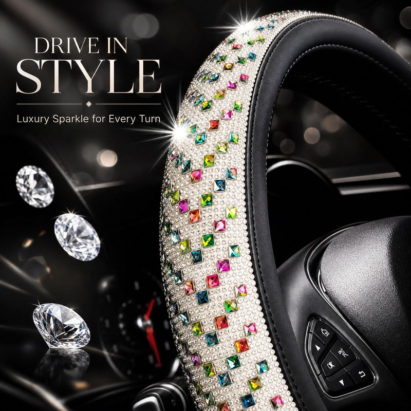 15" Sparkly Large Diamond Steering Cover for Women,Universal Fit (Colorful)