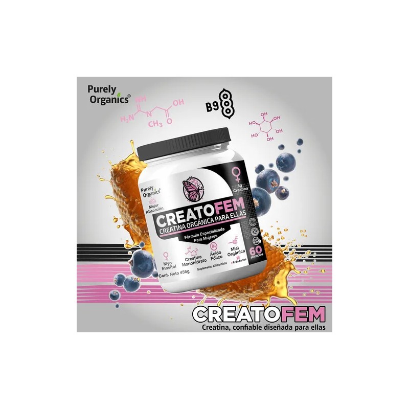 CreatoFem Creatina Orgánica Para Mujeres 60 Servicios. Sabor Arandano-miel. Purely