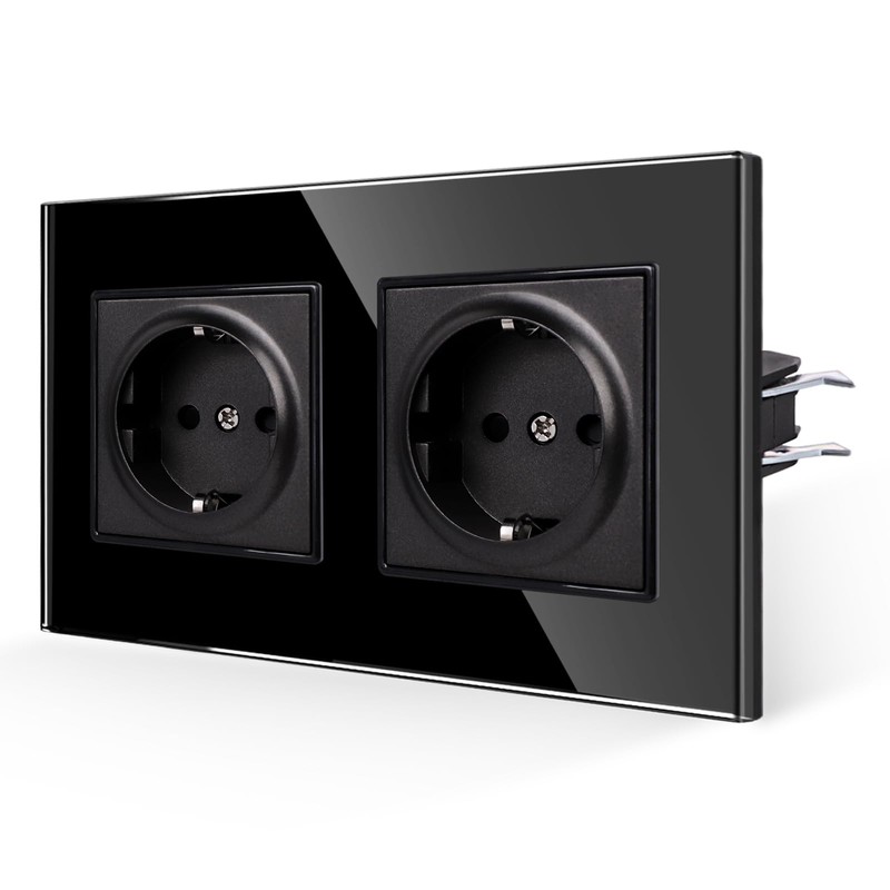 JIMEIDA Double Socket Flush-Mounted 16 Amp with Black, Tempered Glass