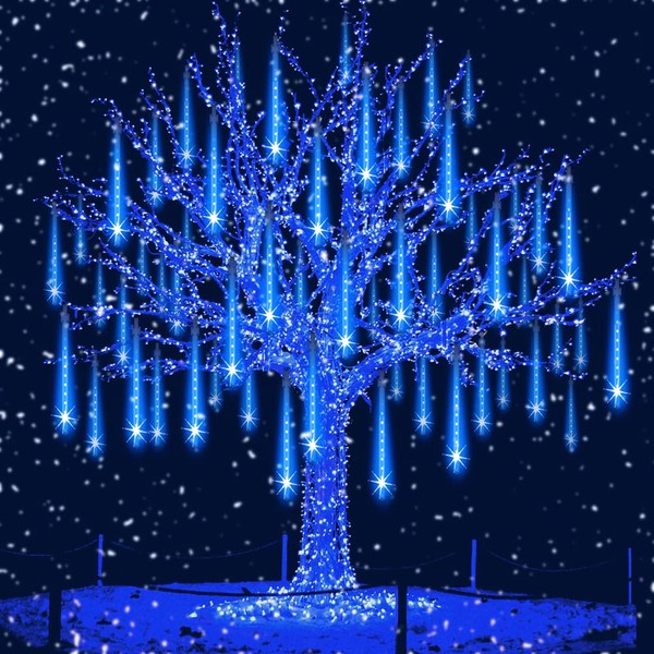 Aukora Rain Drop Lights, LED Meteor Shower Lights 11.8 inch 8 Tubes 144leds, Icicle Snow Falling Lights for Xmas Halloween Party Holiday Garden Tree Christmas Thanksgiving Decoration Outdoor (Blue)