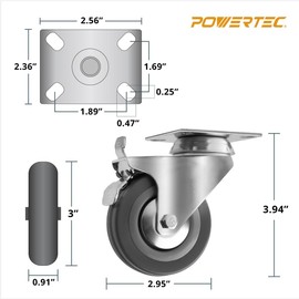 POWERTEC 3 Inch Swivel Caster Wheels Set of 8 with Brake & 1280 lbs Loads (640 lbs Loads for Set of 4), Heavy Duty Plate Casters Dual Locking Rubber Castor Wheels for Furniture, Cart, Dolly, Workbench