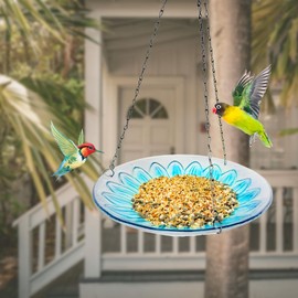 NASSNAT Hanging Bird Baths Outdoor Glass Birdbaths Garden Bird Feeder for Yard Lawn Decor Blue Flower