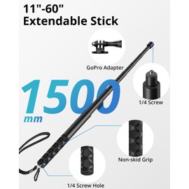 UBeesize 60-in Invisible Selfie Stick, Extended Monopod Pole for Insta360 ONE X2 DJI OSMO Action GoPro Hero Series (Buckle Mount for GoPro and Carabiner Lanyard Included)