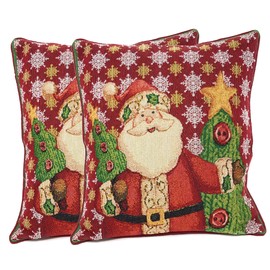 Tache Red Christmas Eve Festive Winter Holiday Santa Claus is Coming to Town Decorative Woven Tapestry Cushion Pillow Throw Cover, 2 Piece 16 x 16"