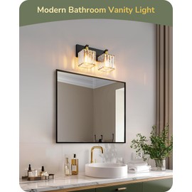 EDISHINE Bathroom Light Fixtures, Crystal Bathroom Vanity Lighting Fixtures Over Mirror, 2 Light Vanity Lights for Bath, Powder Room, E26 Base, Black Gold