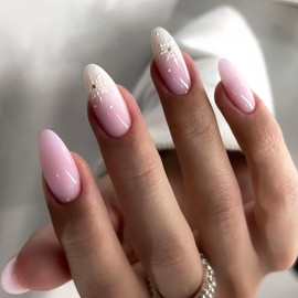 24Pcs Snowflake Press on Nails Medium Almond Fake Nails Christmas Nails White Snowflake False Nails Pink Solid Color Glue on Nails Glossy Xmas Stick on Nails for Women Girls