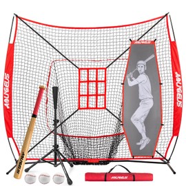 AOLIGEIJS 7'X7' Baseball Softball Practice Net,Pitching Net,Batting Net,with Baseball Tee,Bonus Strike Zone and Bow Frame,for Hitting,Pitching, Catching (Red Net+BK Tee+Batter Dummy+Bat)