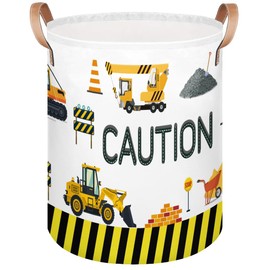 Large Laundry Basket Collapsible Tall Laundry Hamper Yellow Cute Cartoon Engineering Car Round Storage Bin Storage Baskets for Kids Boys Girls Toys Clothes Hamper Laundry Bag Organizer, 70L