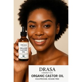 DRASA Cosmetics Organic Castor Oil– 100% Pure, Extra Virgin (2oz Glass Bottle), Cold-Pressed, Hexane-Free, Promotes Growth of Hair, Eyebrows & Eyelashes, For Castor Oil Packs, With Free Eyebrow Brush