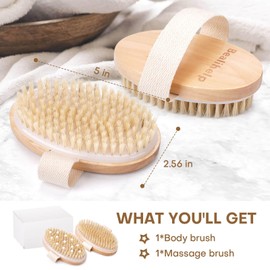 2 Pack Dry Brushing Body Brush, Natural Bristle Exfoliating Brush with Massage Nodes, for Lymphatic Drainage and Improving Skin Health and Reduces Acne