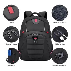 Pokachila Mochila Porta Netbook con 3 Bolsillos Escolar Impermeable con Sistema Antirrobo y Puerto USB color Negro/Rojo Liso