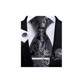 DiBanGu Men's Necktie Handkerchief Silk Paisley Floral Tie Pocket Square Cufflink Set (Grey Black)