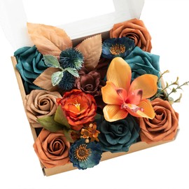 Ling's Moment Terracotta Artificial Flowers and Greenery Combo Box Set, Teal & Terracotta Fake Flower for DIY Wedding Bridal Bouquet, Centerpieces Decor, Floral Arrangement Decor, etc