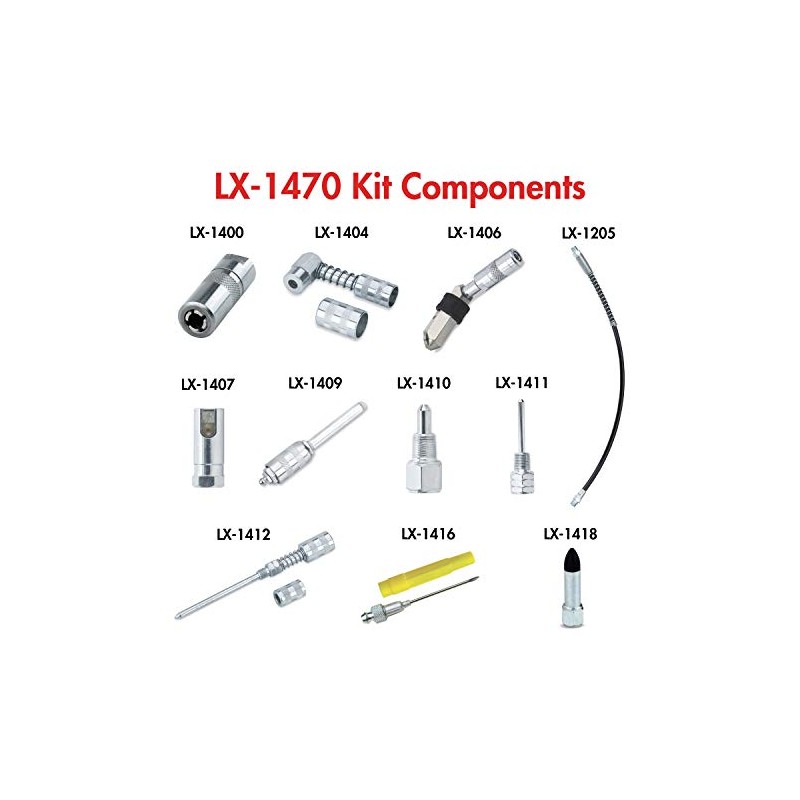 Lumax LX-1470 Silver Lubrication Accessory Kit, 11-Piece. Kit Contains 11