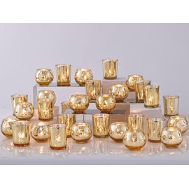 DEVI 48PCS Assorted Gold Votive Candle Holders Bluk, Gold Wedding Decorations, Mercury Glass Candle Holder for Tea Lights, Christmas Party Diwali Centerpieces for Table, Wedding Party Supplies