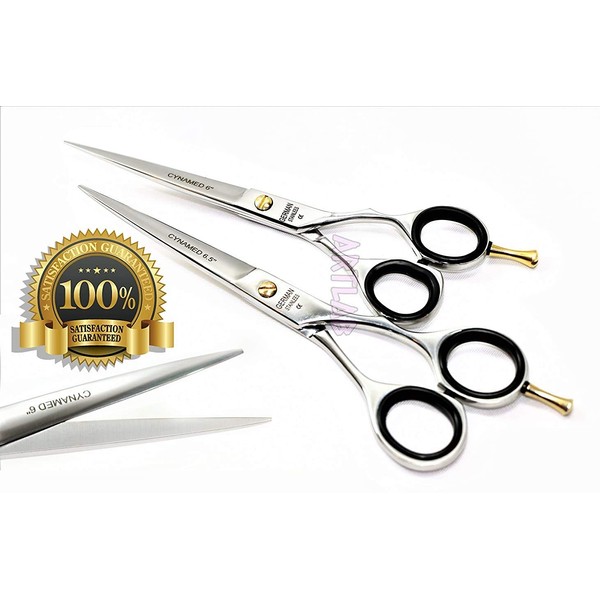 PROFESSIONAL HAIRDRESSING BARBER SCISSORS PAIR GERMAN STAINLESS STEEL MADE SHEARS WITH POLISHED FINISH SIZE 6.5" + 6" (CYNAMED)