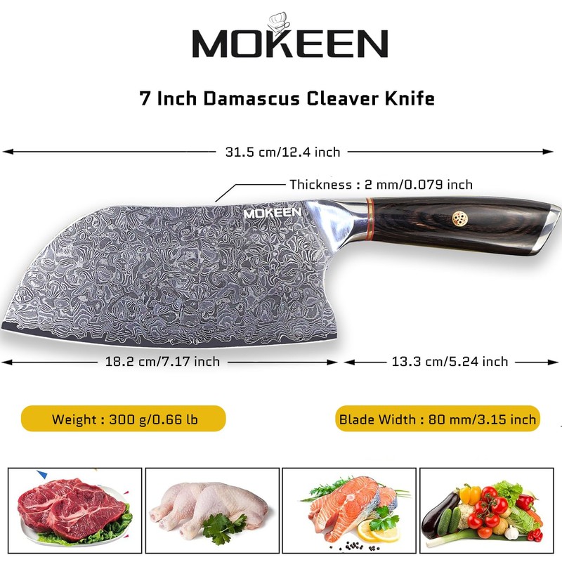 MOKEEN Cleaver Knife 7 Inch, 67 Layers VG10 Damascus Steel