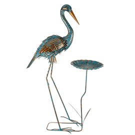 giole Metal Crane Garden Statue for Outside with Leaf Tray