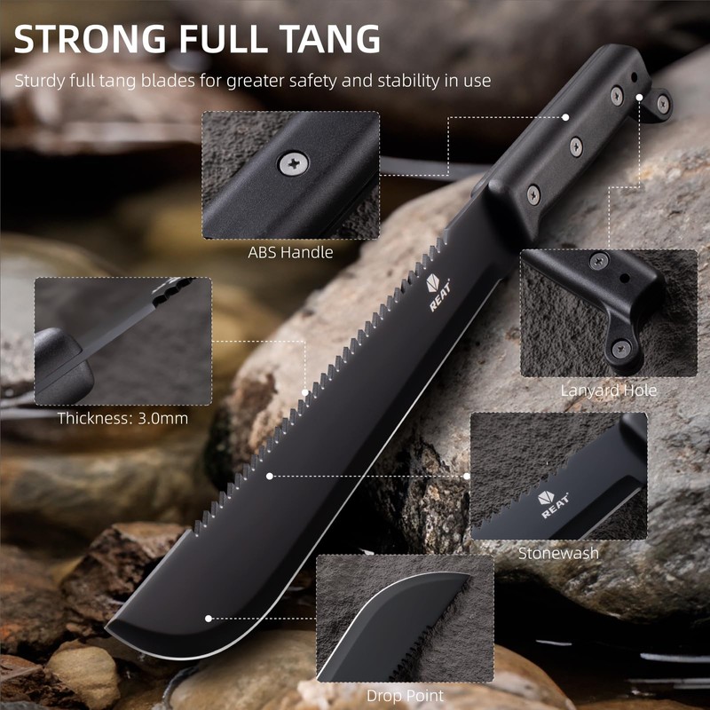 REAT Machete with Saw, 17" Full Tang Machete with Sheath,