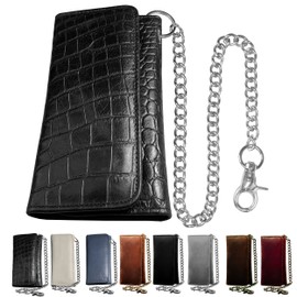 IBRO Motorcycle Chain Wallet for Men – Premium Cowhide Leather, RFID Tri-Fold Biker Wallet with Heavy Duty Chain for Bikers Truckers & Hunters, Credit Card Money Organizer Long Wallet Crocodile Black