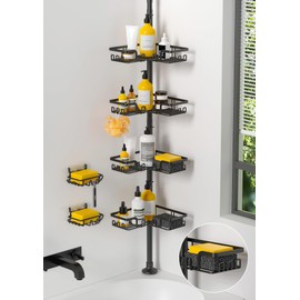 KEGII Tension Pole Shower Caddy Corner – 4 Adjustable Shelves with Extra Hooks, 2 Soap Trays & Razor Stands, Rust-Resistant Floor to Ceiling Organizer for Home & Rental, 25-114.2 Inch