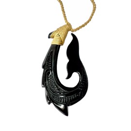 Zero Gravity Hawaii Hawaiian Jewelry Carved Fish Hook Black Buffalo Bone Whale Tail Necklace