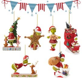 Gyoungt Grinch Christmas Ornament Decorations, 6PCS Stocking Cap Funny Santa Ornament Decorative Xmas Decor Ornaments