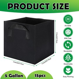 Nuogo 15 Pack 5 Gallon Square Grow Bags Thick Fabric Pots with Handles Black Plant Grow Bags for Indoor and Outdoor Garden
