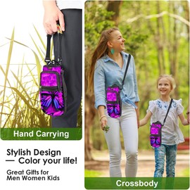 Water Bottle Sling Bag Sleeve Holder Carrier 25/32/40/64 oz ,Insulated Crossbody Water Bottle Case Cover with Strap and Pockets for Men/Women Walking Hiking Camping (64oz, purple butterfly flower)