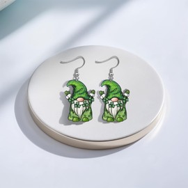 St. Patrick's Day Earrings for Women | Irish Shamrock Acrylic Dangle Earrings | Green Clover Hat Horseshoe Drop Earrings - Gnome Earrings