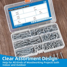 High Hardness #6 Drywall Screws Assortment Kit Wood Screws 170pcs (3/4",1",1-1/4",1-1/2",2") Phillips Drive Flat Head Self Tapping Dry Wall Screws Sheetrock Screw for Picture Hanging and metal Shelves