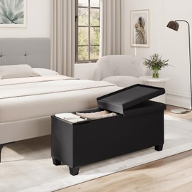 Storage Ottoman Benc, 43-In Storage Bench for Bedroom End of Bed, Ottoman Foot Rest with Storage Bins, Black Ottoman with Storage for Living Room, Bench with Storage Max 660lbs, Faux Leather Ottoman