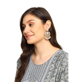 Bindhani Indian Bollywood Style White Stones Chandbali Earrings For Women (Gold-Plated)