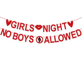 Girls Night No Boys Allowed Banner,Red Glittery Happy Galentine’s Day Banner,Galentines Day Decorations,Valentine’s Day Decorations,Girls Ladies Galentines Day Party Decorations, Pre-assembled HGB