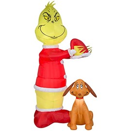 Gemmy Animated Airblown Inflatable Grinch Putting Santa Hat on Max Scene Dr. Seuss, 6 ft Tall