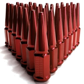 50 Caliber Racing 14x2.0mm Wheel Spiked Lug Nuts with Extended Spike Design, Fits Ford F150, F250, F350, Excursion, Expedition, Lincoln Mark LT, Navigator, (Set of 32, Red)