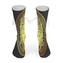1 Pair Soft Socks White Holding Hands, Compression Knee High Stockings Long Athletic Circulation 16x3.9 in Print Golden Head on a Shield Line Art and Dot Print