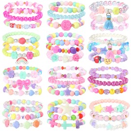 PowerKing Pulseras de Cuentas para Niña,12 Pack 36 Piezas,Pulseras de Plástico para Niña,Flor Mariposa Rosa de Pulsera,Regalo para Niñas