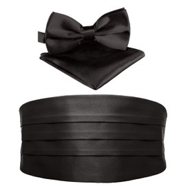 BomGuard Men's Cummerbund with Bow Tie and Pocket Square for Tuxedo Shirt, Set of 3 Sash, black