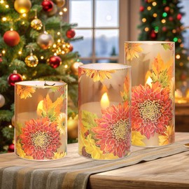 Silverstro Decorative Flameless Candles Chrysanthemum Decal with Remote & Timer - Real Wax Flickering Battery Operated Candles - Home Farmhouse Holiday Spring Decorations - Set of 3