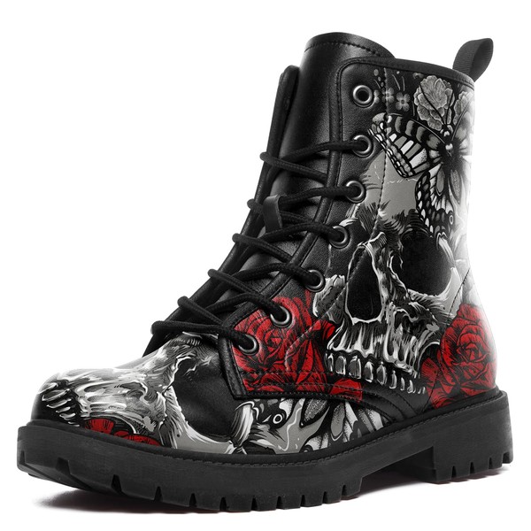 coolcustomize Custom Black Combat Boots for Women Fashion Lace-Up Skull