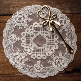 2pcs Retro French lace Placemats, exquisite flower embroidered Round Doilies Coasters Vase mat for home decoration (off-white,Diameter 27cm)