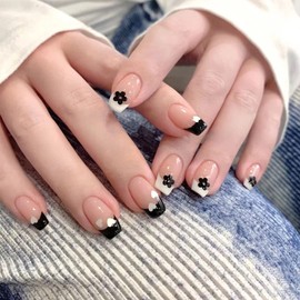 GORS Spring Summer Black & White French Tips Press on Nails - Medium Flowers & Hearts Fake Nails Glue on Nails,Full Cover Stick on Nails False Nails,Acrylic Nails Artificial Nails for Women 24Pcs/Set