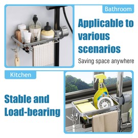 Sink Organizer Rack for Kitchen and Bathroom, Faucet Sponge Holder, Kitchen Sink Caddy Organizer Over Faucet Hanging, Faucet Drain Rack with Hook, for 1.8-2.8 cm Round Water Pipe (Silver, Right)