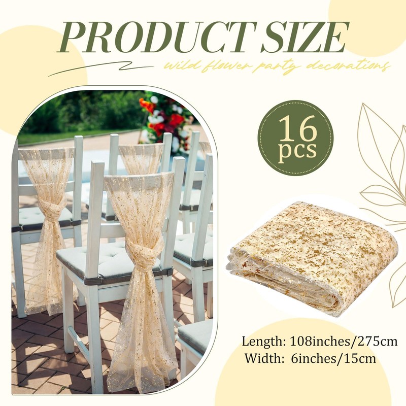Jecery 16 Pcs Gold Chair Sashes, 6 x 108 in