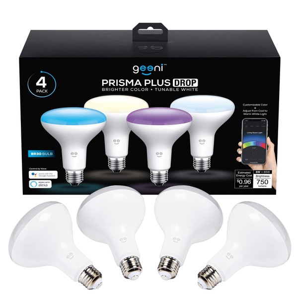 Geeni Prisma Plus BR30 LED Smart Light Bulb, Tunable Hue and Dimmable RGB WiFi Bulb, No Hub Required, Compatible with Alexa and Google Assistant (4 Pack)