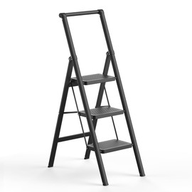 SOLADDER 3 Step Ladder, Slim Folding Steps Stool with Handrail, Iron Foldable Black Ladder with Anti-Slip Wide Pedal, for Home, Kitchen, Office, Garage Use (300 lbs Capacity)